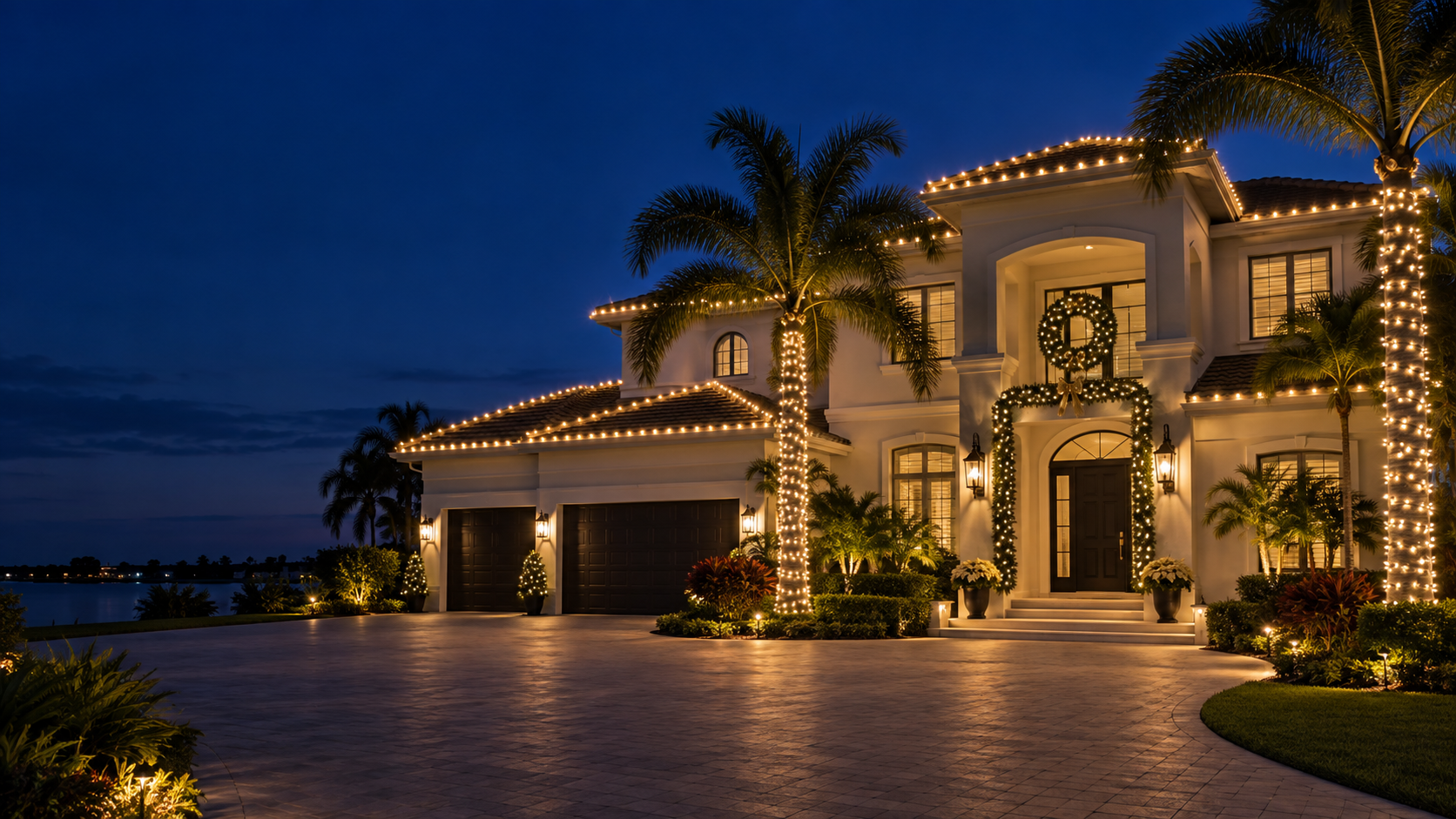 Florida home professionally decorated with warm white Christmas lights