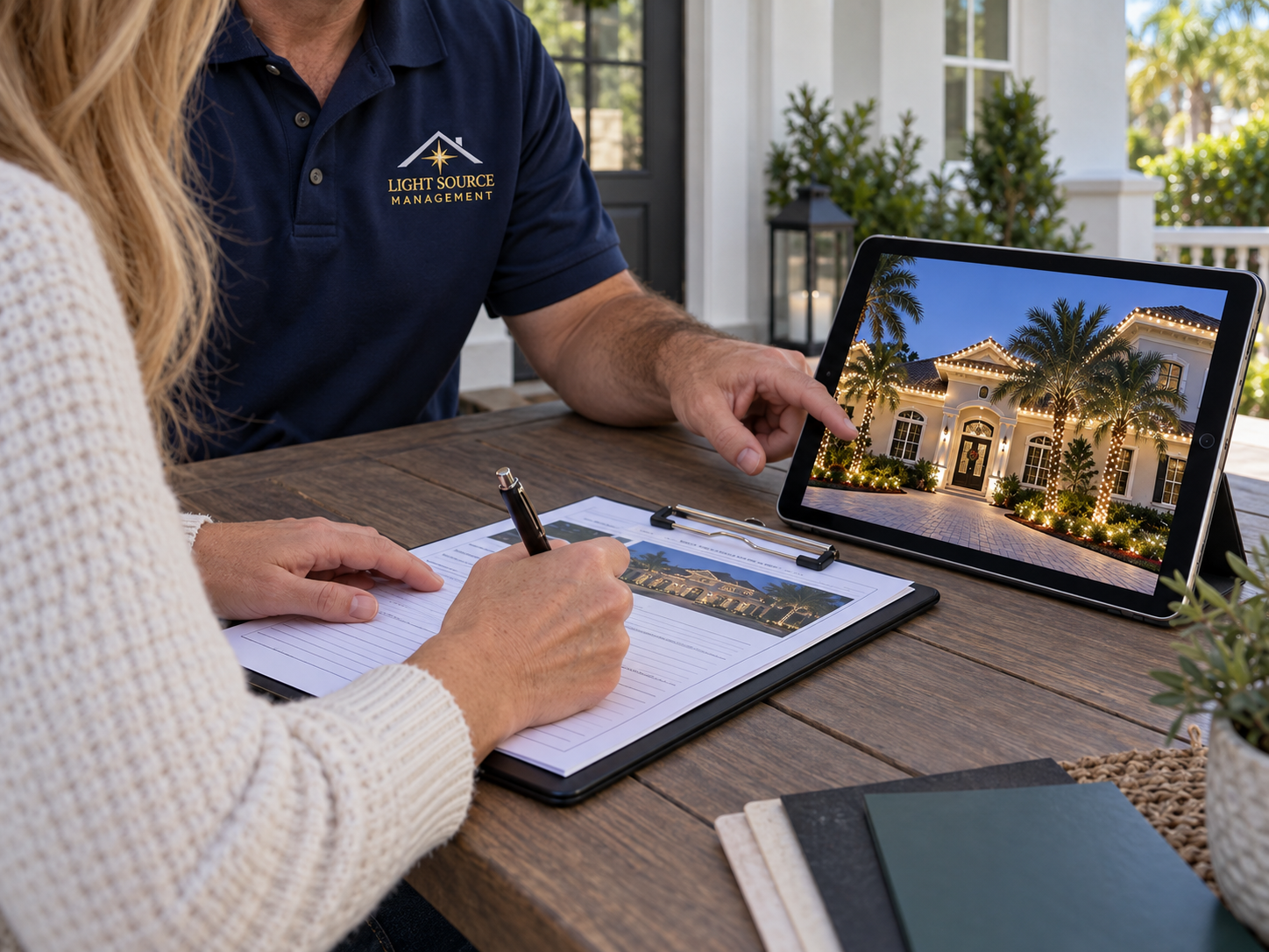 Homeowner reviewing a Christmas lighting design and approving the quote
