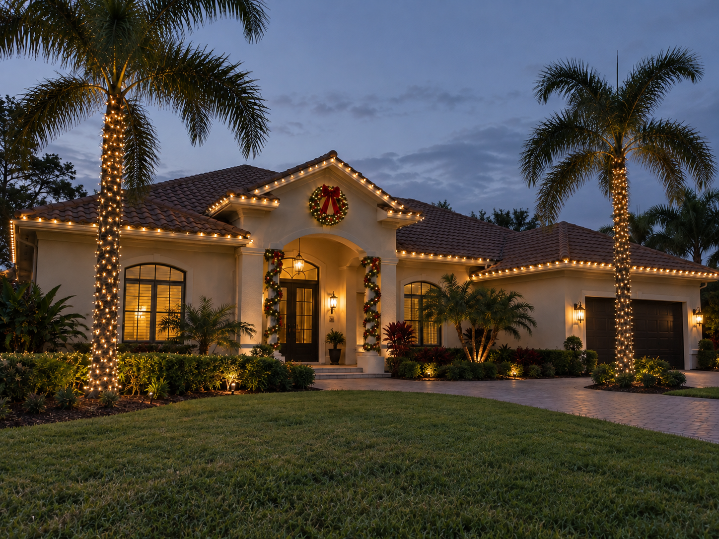 Florida home decorated with warm Christmas lights, a wreath and illuminated palms