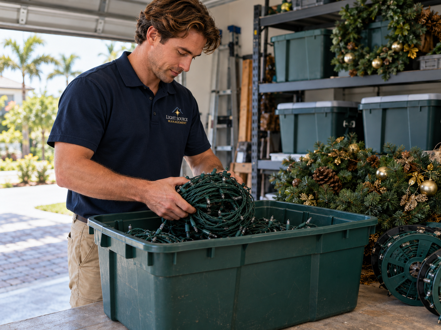 Lighting professional carefully packing Christmas lights into a storage bin