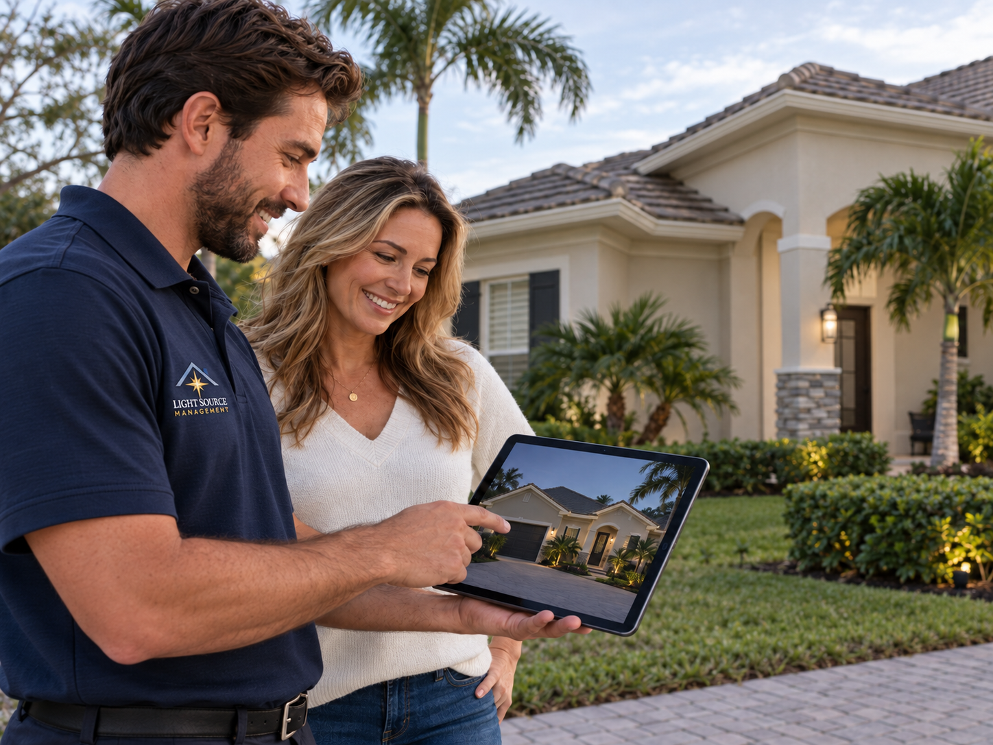 Homeowner and lighting designer discussing ideas outside a Florida home